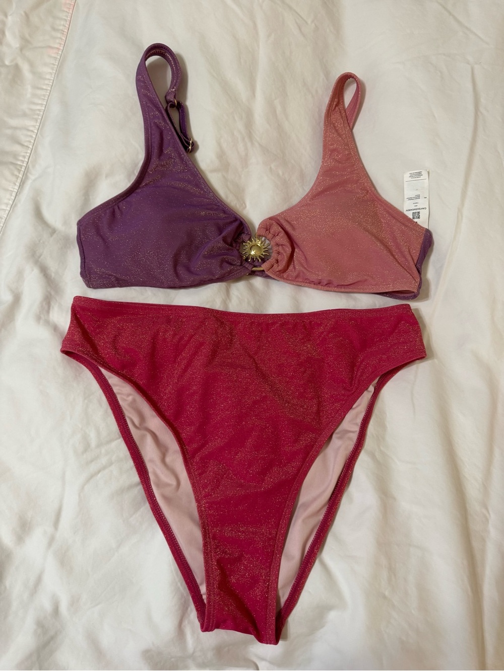 Cupshe Two-Tone Glitter Bikini Set in Purple, Pink & Red
